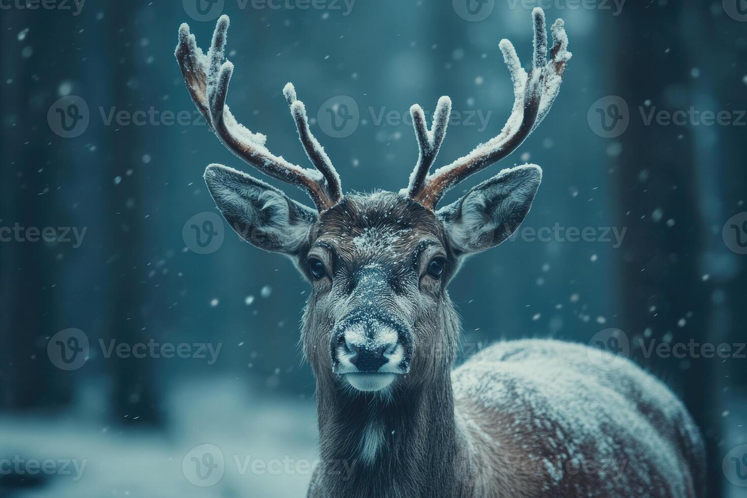 Majestic deer standing in snowy forest during snowfall photo