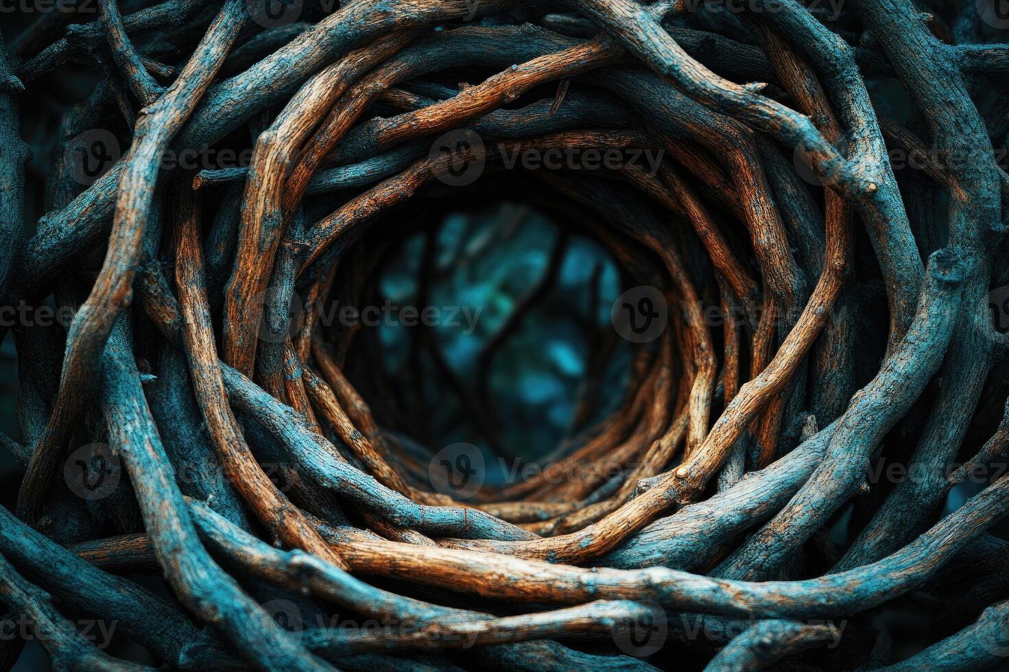 Woven branches creating a tunnel leading to mysterious forest photo
