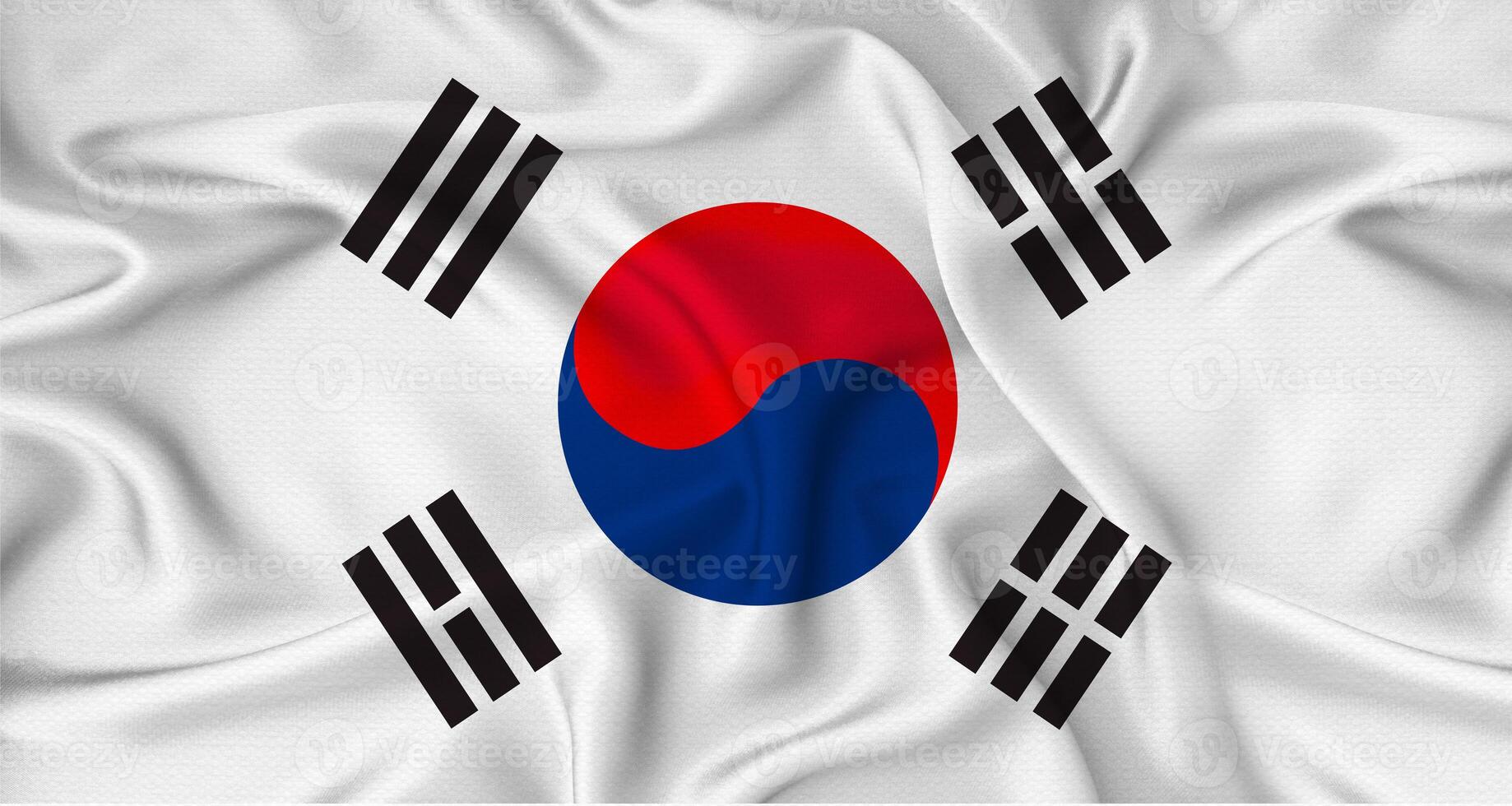 Realistic South Korea flag waving. Close up of flag of South Korea with cloth texture photo