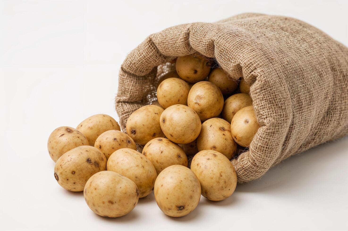 Farm-Fresh Brown Potatoes in Burlap Sack on White photo