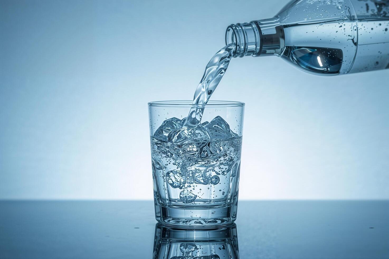 Pouring Water into Ice-Filled Glass on Blue Background photo