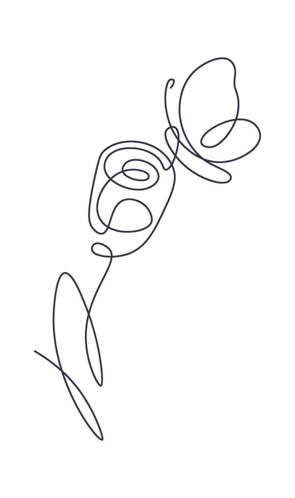 Butterfly on rose in line art Contemporary insect abstract drawing vector