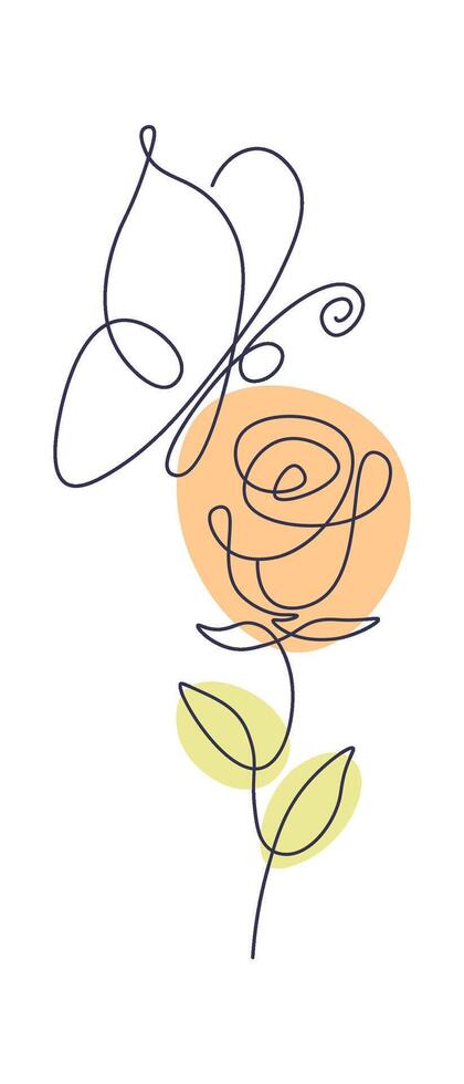 Butterfly on rose in line art Contemporary insect abstract drawing Illustration vector