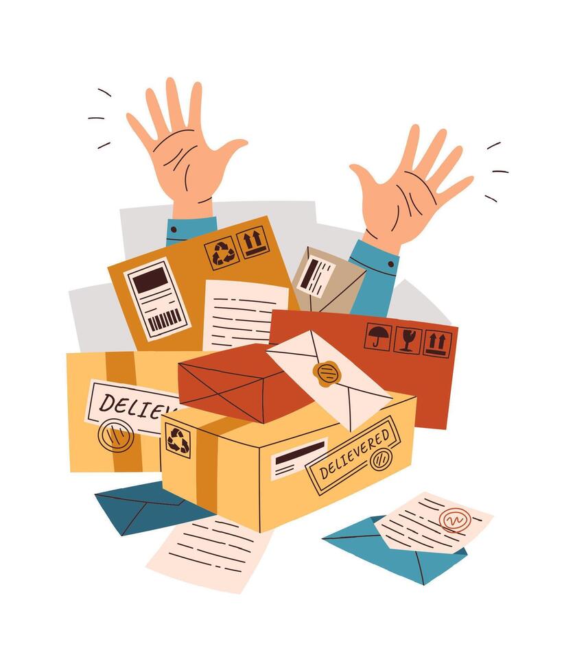 Hands in pile of different things flat icon Parcels and letters vector
