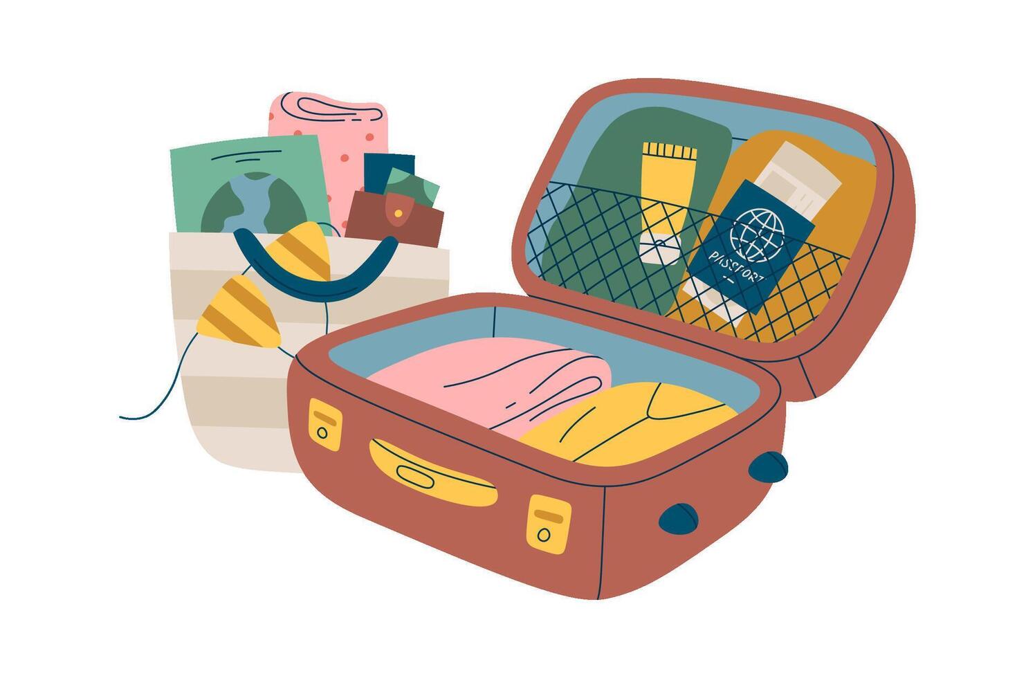 Open suitcase full of clothes flat icon Hand Drawn vector