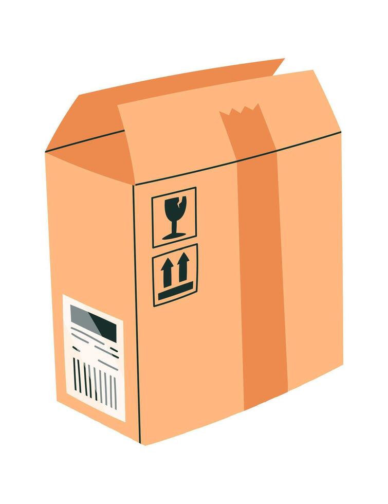 Open cardboard box flat icon Fragile sticker and bill of lading vector