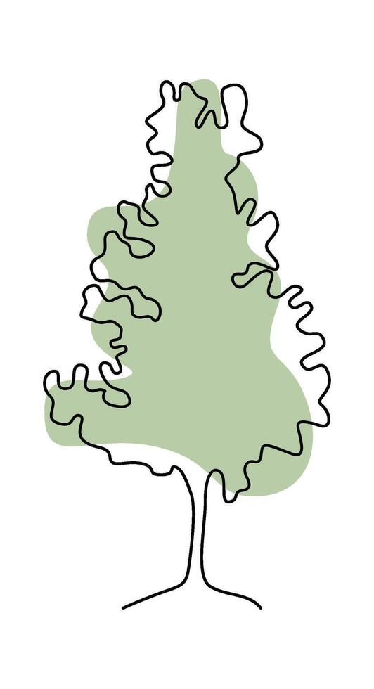 Drawing doodle tree in line art on green blot background Drawn Icon vector