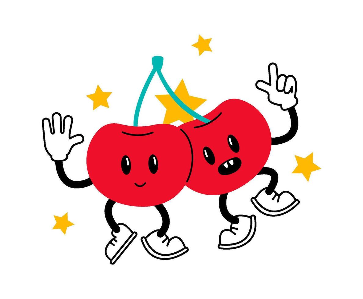 Funny cherries characters flat illustration Cute emoticons Hand Drawn Icon vector