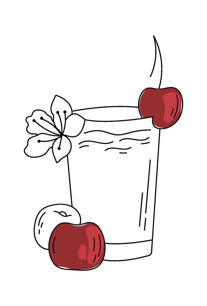 Cherry juice in a glass with berries in line art vector