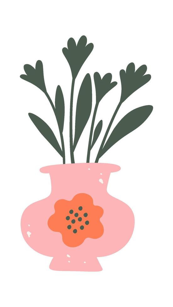 Hand drawn decorative handmade vase with plant flat illustration Drawn Icon vector