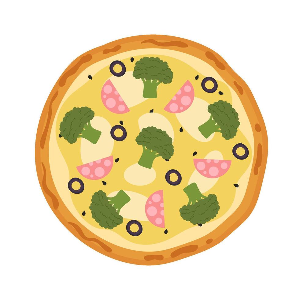 Tasty pizza with salami and broccoli flat illustration vector