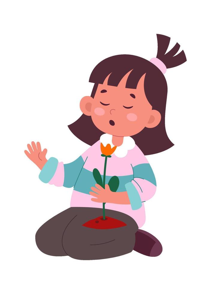 Girl gardener with flower flat illustration Gardening vector