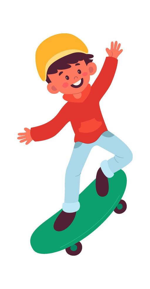Cheerful kid riding on skateboard flat illustration Wooden skateboard vector