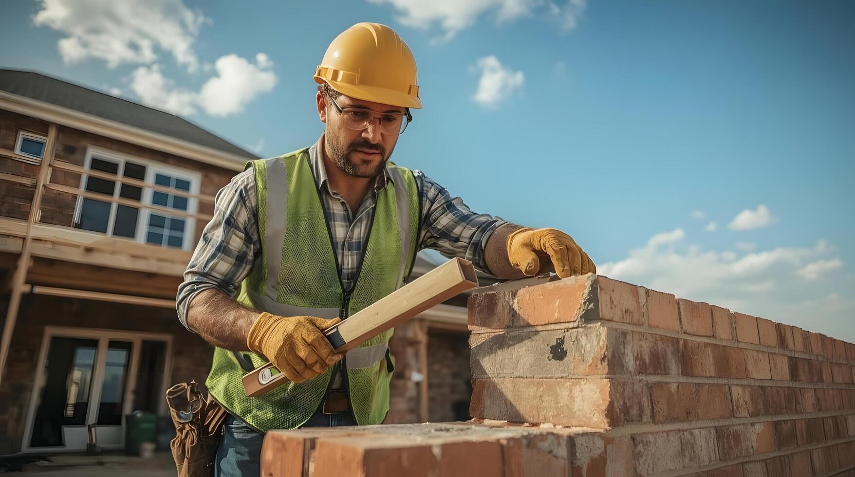 Worker in construction safety gear completing the outer layer of a residential brick facade, tools and materials nearby. photo