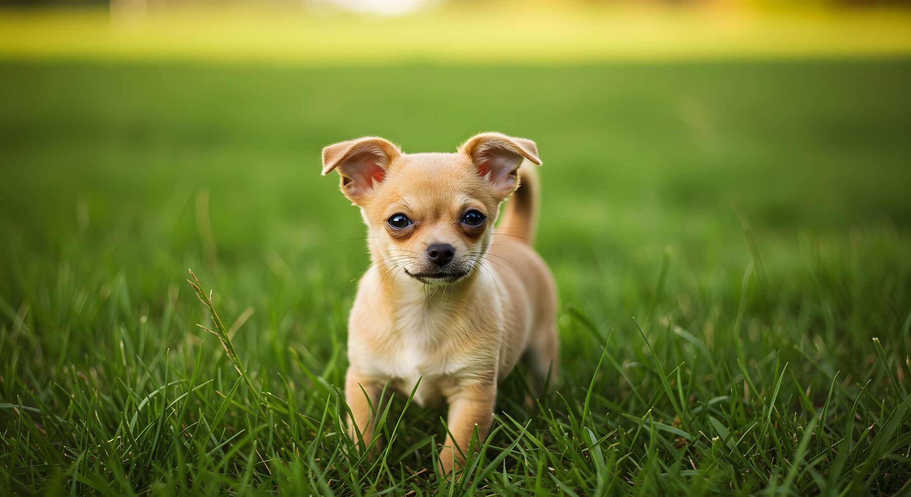 Adorable Chihuahua dog with curious eyes in a lush green meadow, perfect for use in posters, pet product ads, or phone wallpapers. photo