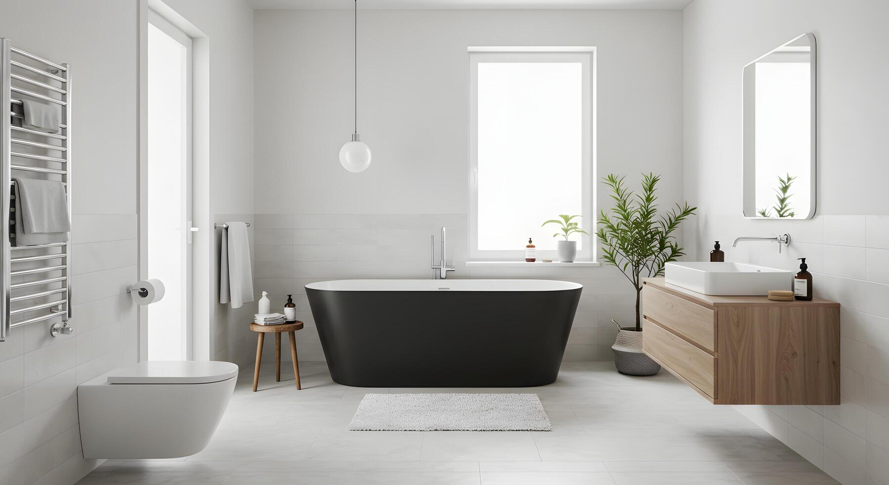 Small bathroom with clean white walls and subtle decor, perfect for web design or space-saving tips. photo