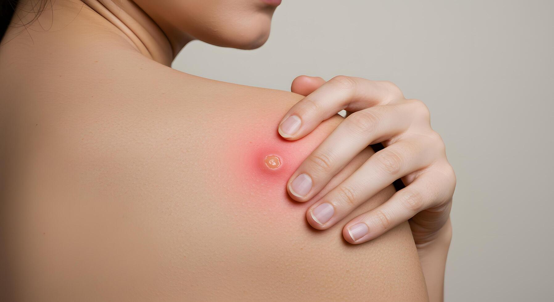 Woman with inflamed boil on shoulder, trying to pop it, useful for illustrating skin conditions or medical awareness campaigns. photo