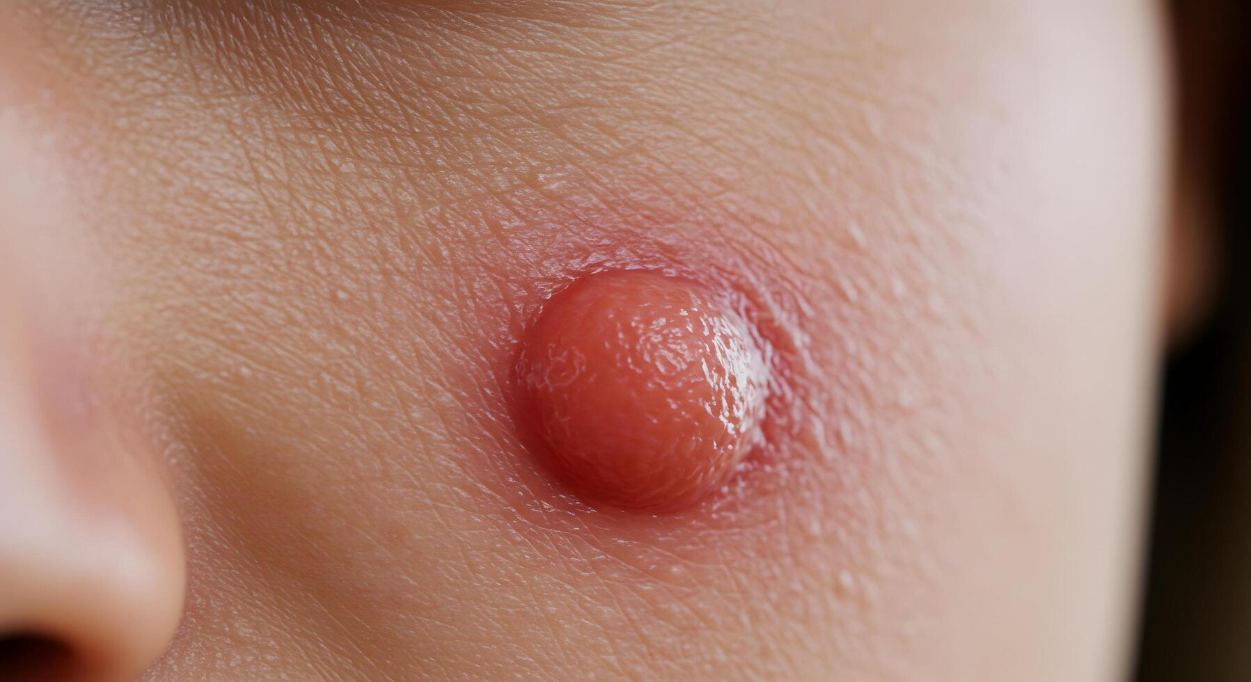 Close-up view of a large inflamed pimple on a womans face, ideal for medical, dermatology, or skincare-related digital content. photo