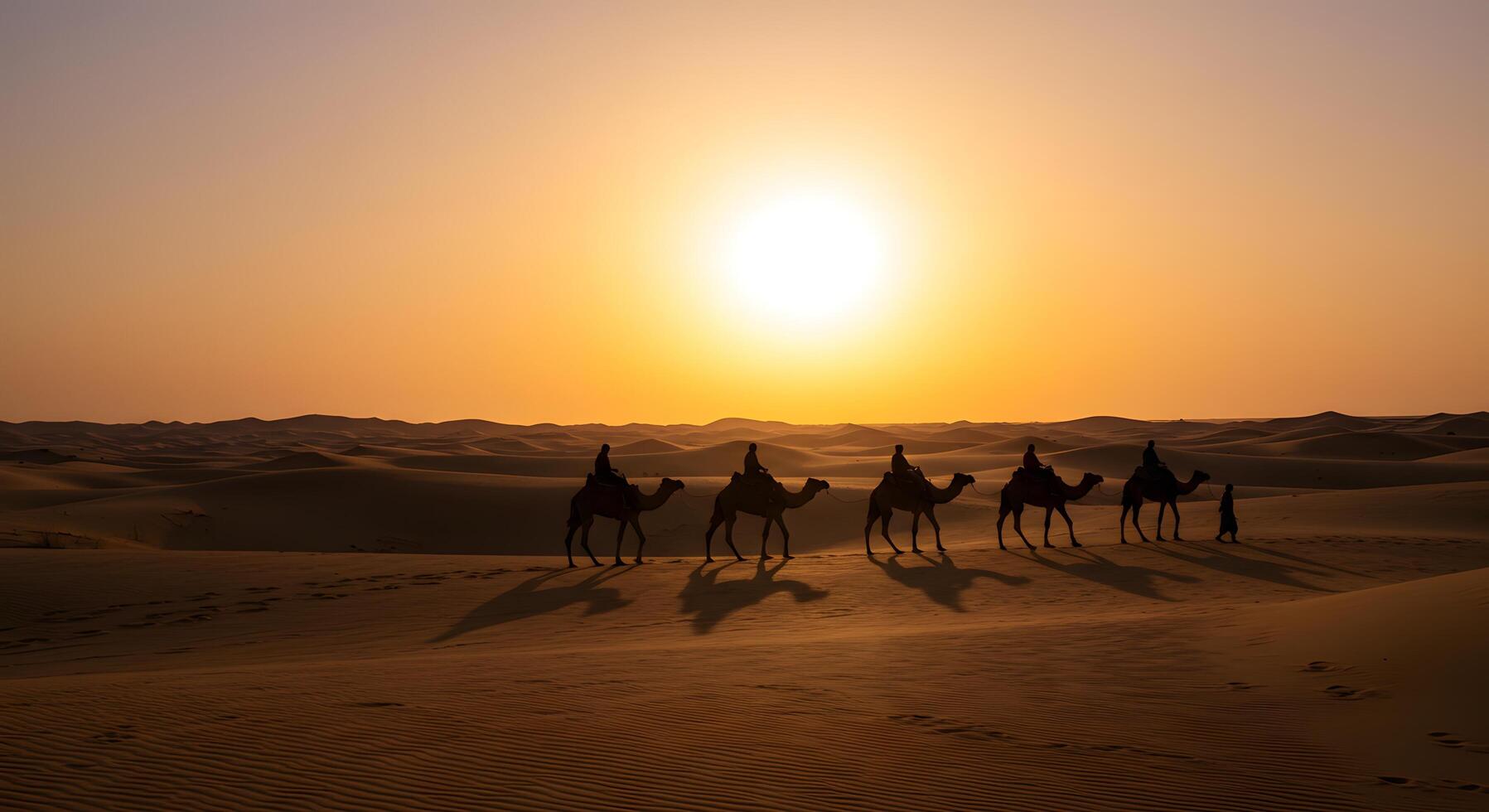 Camel riders silhouetted against an orange desert sunset, perfect for book covers, blog headers, or educational graphics. photo