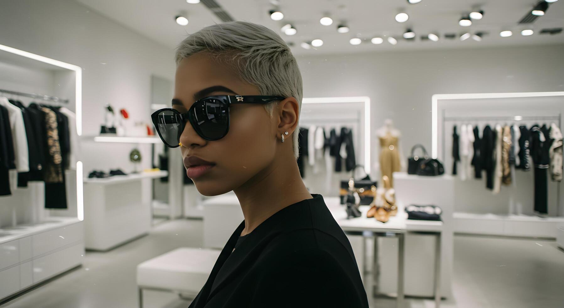 Short-haired blonde woman in sunglasses, captured in modern store setting, great for influencer branding or online shop visuals. photo