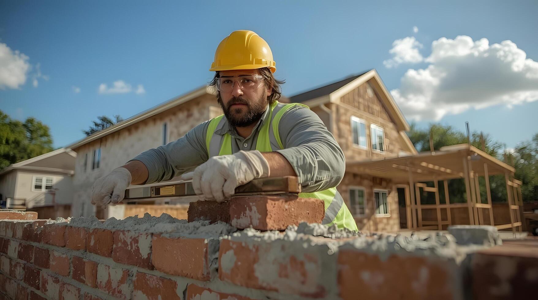 Construction worker in yellow hard hat and safety gear finishing a red brick wall on a residential site, focused and precise. photo