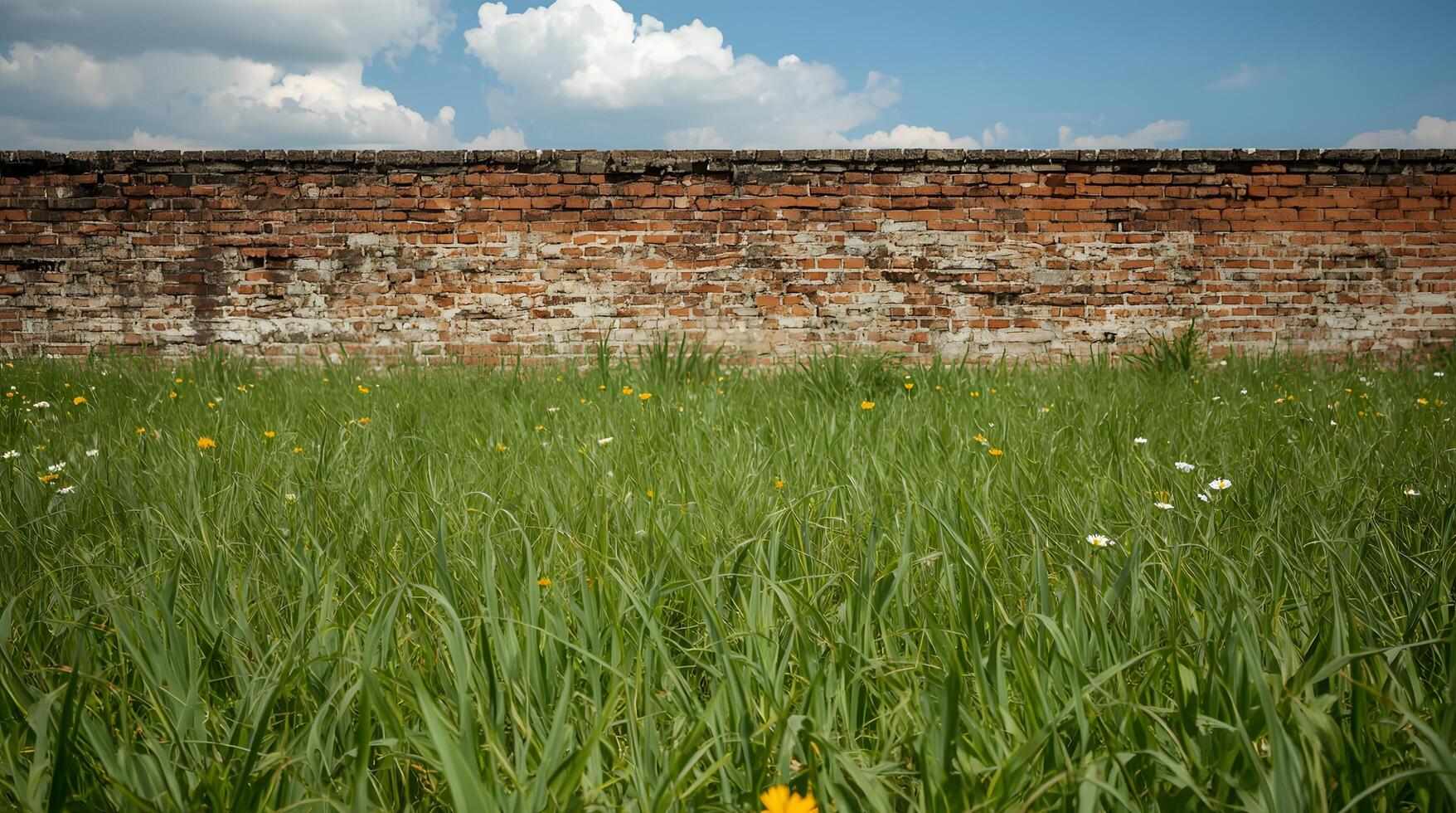 Red brick wall as backdrop to a vibrant green garden field, captured in clear daylight with natural shadow play. photo