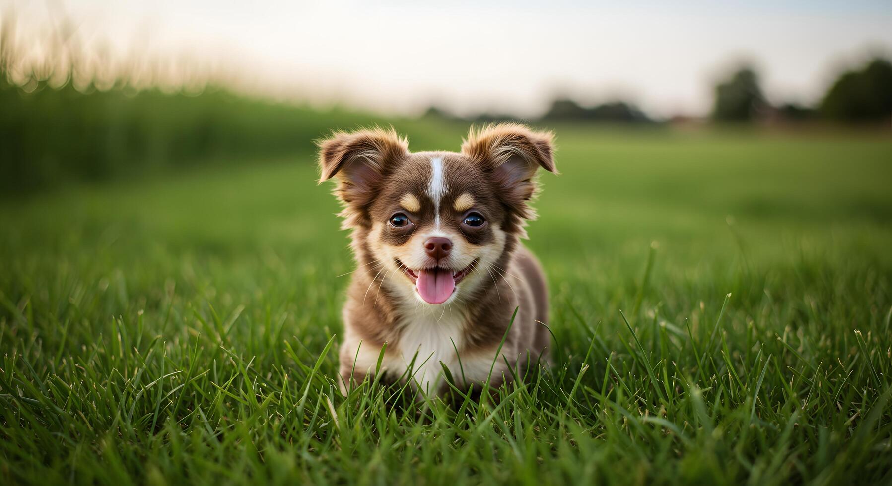 Close-up of a happy Chihuahua playing in tall green grass, suitable for social campaigns, banners, or mobile wallpapers. photo