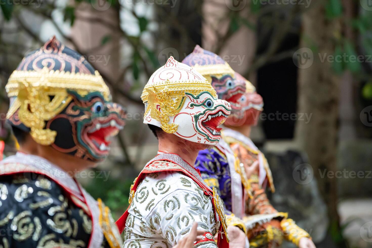 The performance of Thai traditional drama story Khon epic, Ramakien or Ramayana with Hanuman white monkey and others.aa photo