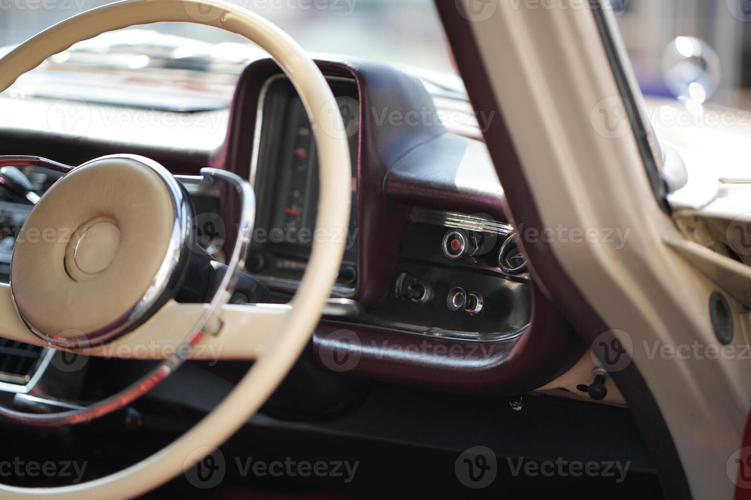 The dashboard of a vintage classic car features detailed analog gauges, a radio, and air vents in polished wood and chrome, offering a fresh yet luxurious look.hb photo