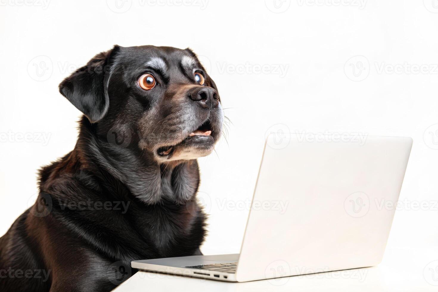 Surprised Rottweiler staring at laptop screen on white background photo
