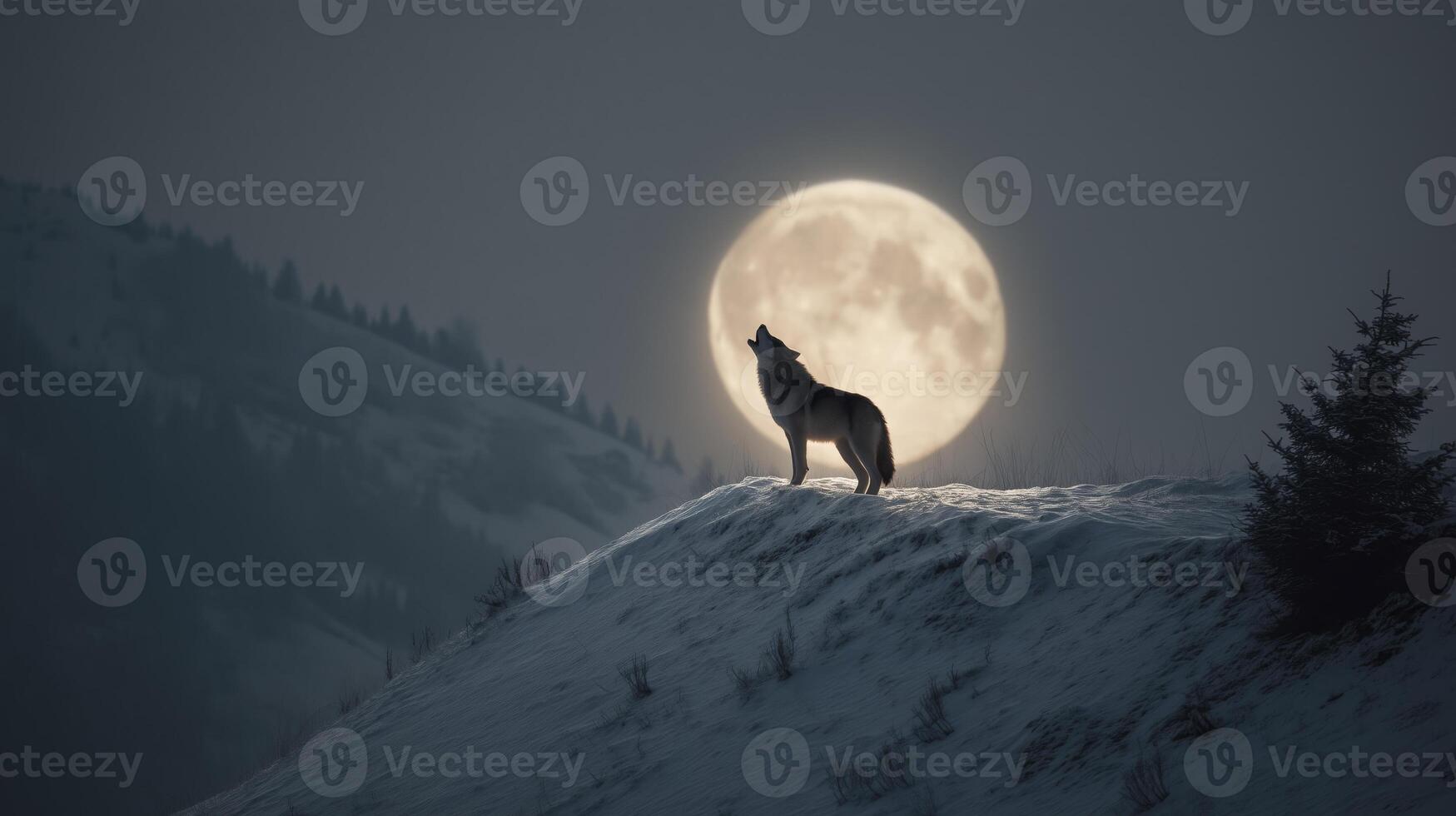 Wolf Howling at Full Moon in Snowy Landscape photo