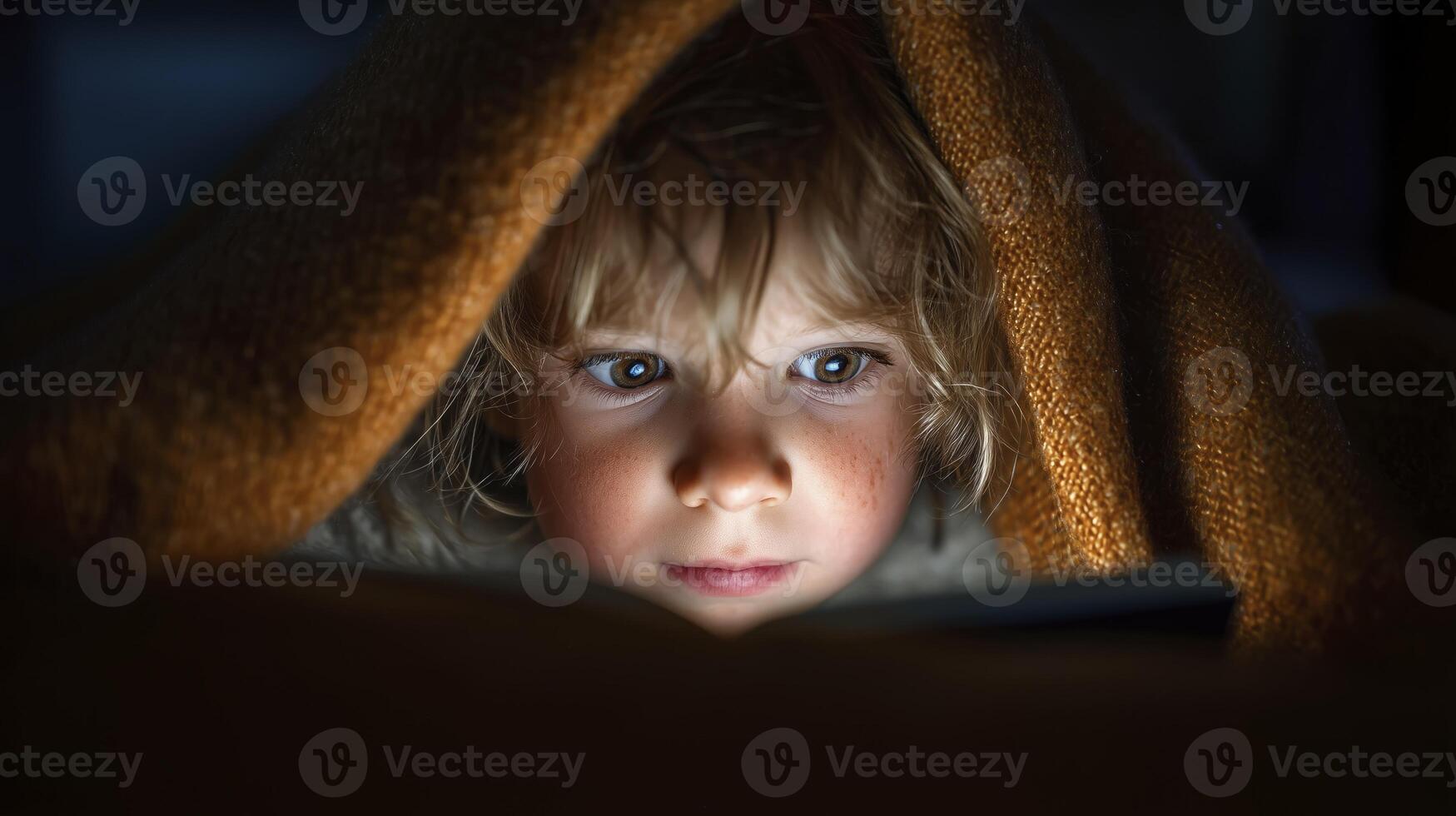 Child's face illuminated by a screen under a blanket photo