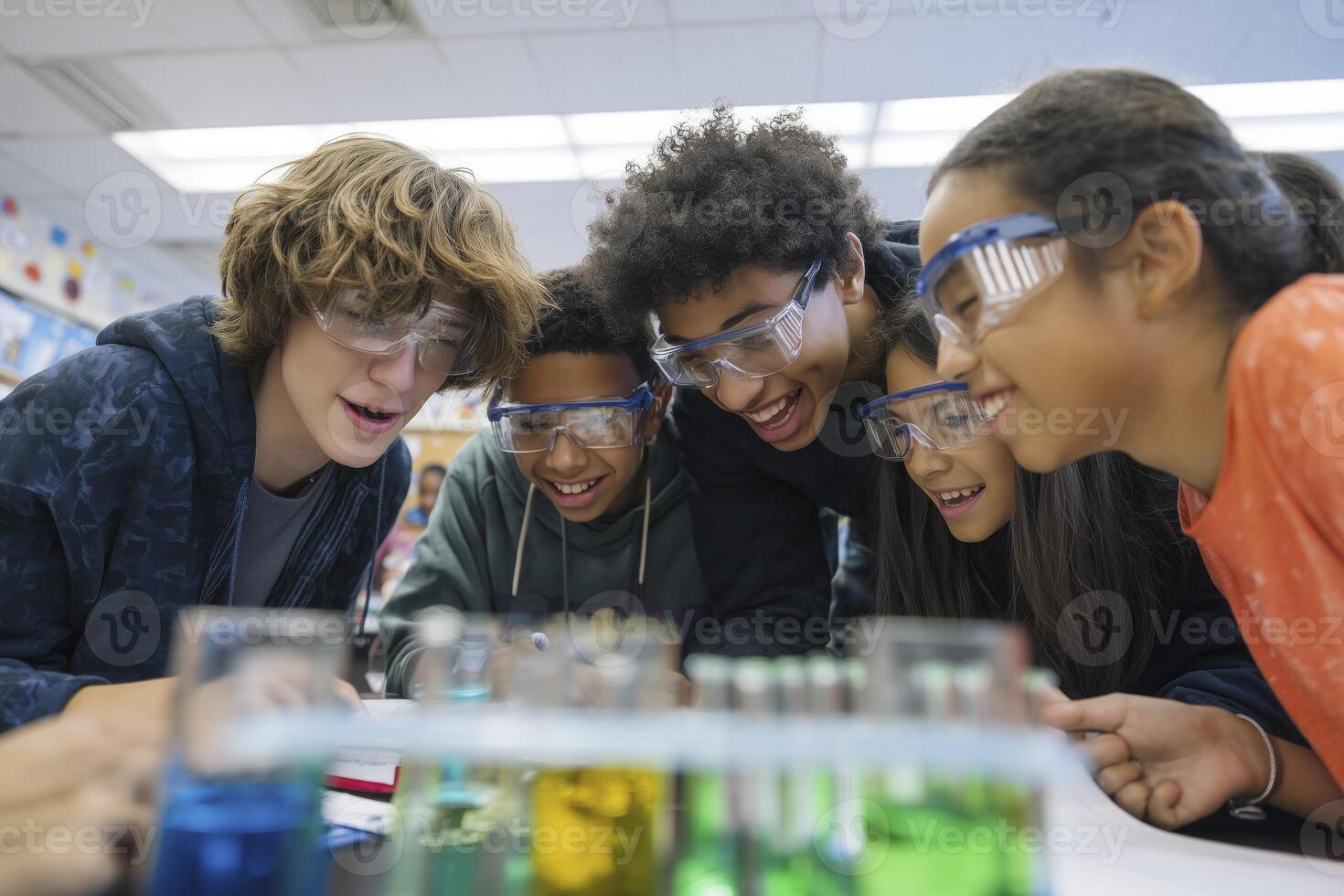 Diverse students in a science class doing an experiment photo