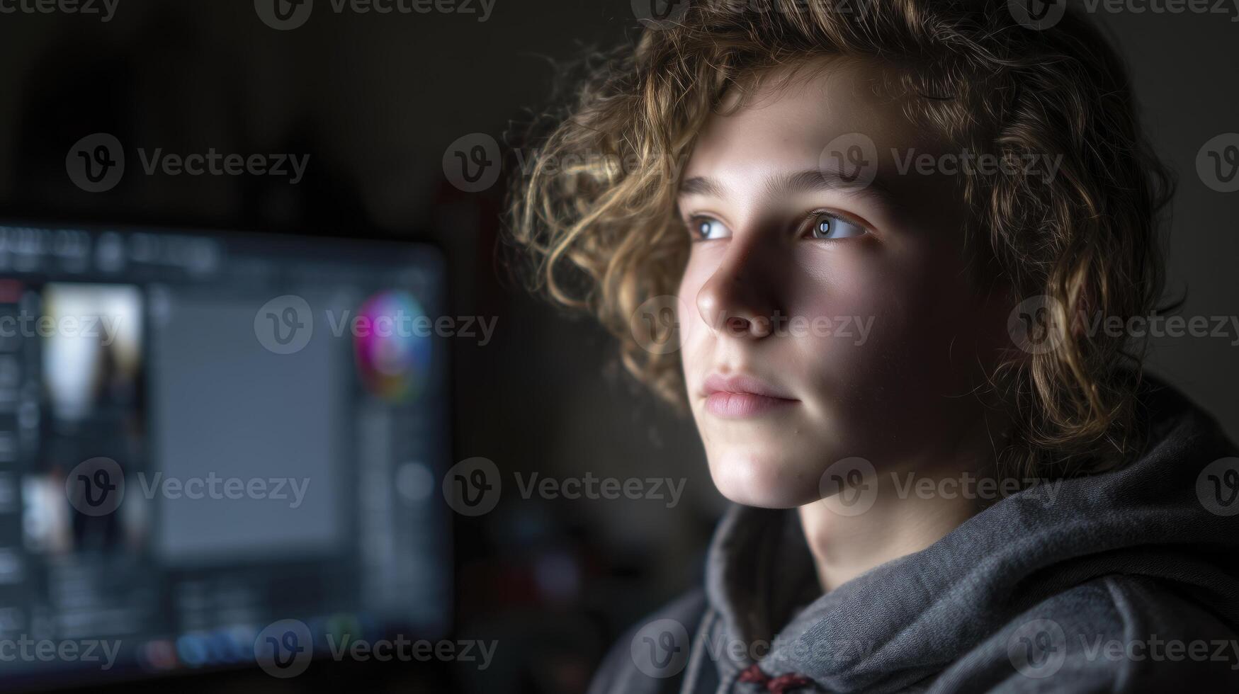 Close-up of Young Man Working on Computer in Dark Room photo