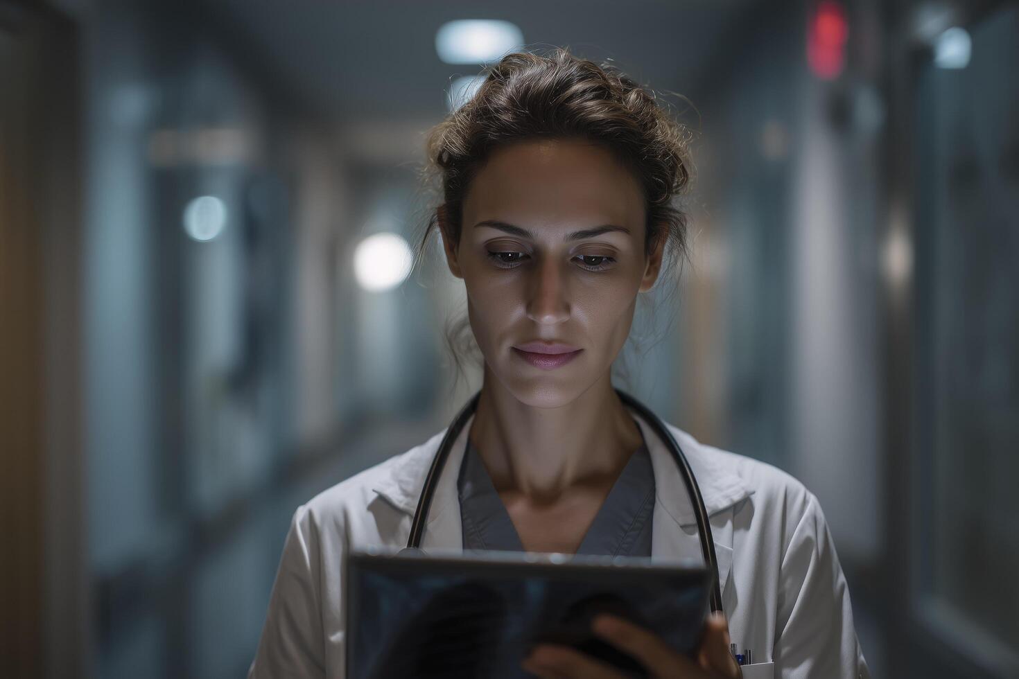 Female doctor examining an x-ray on a digital tablet photo