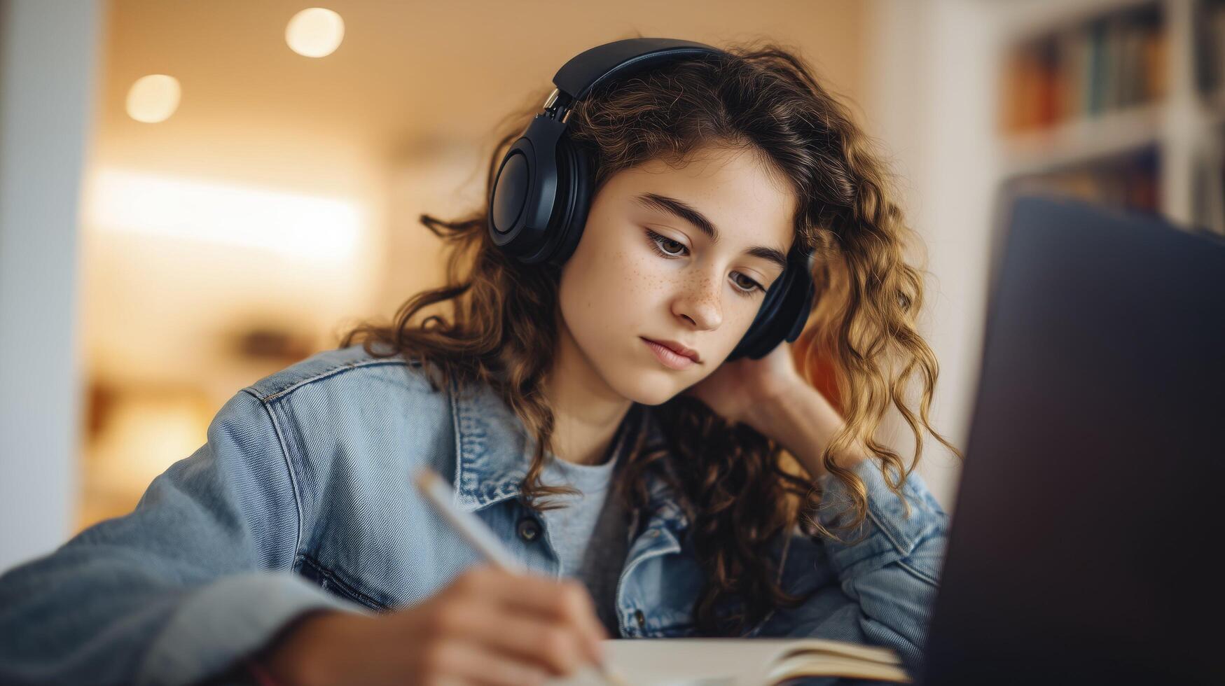 Teenage girl focused on studying with a laptop and headphones photo