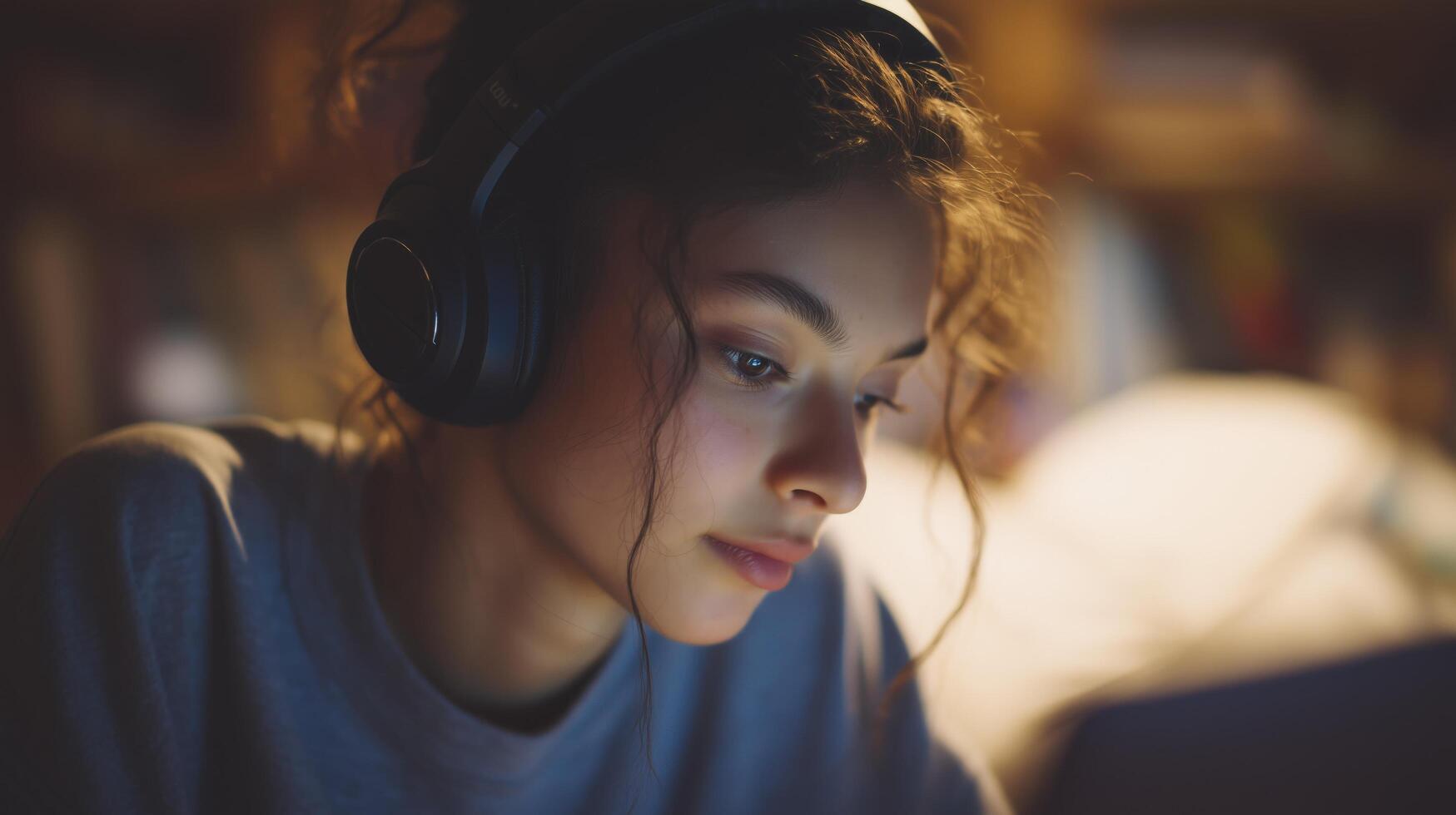 Teenage girl with headphones studying at night in her room photo