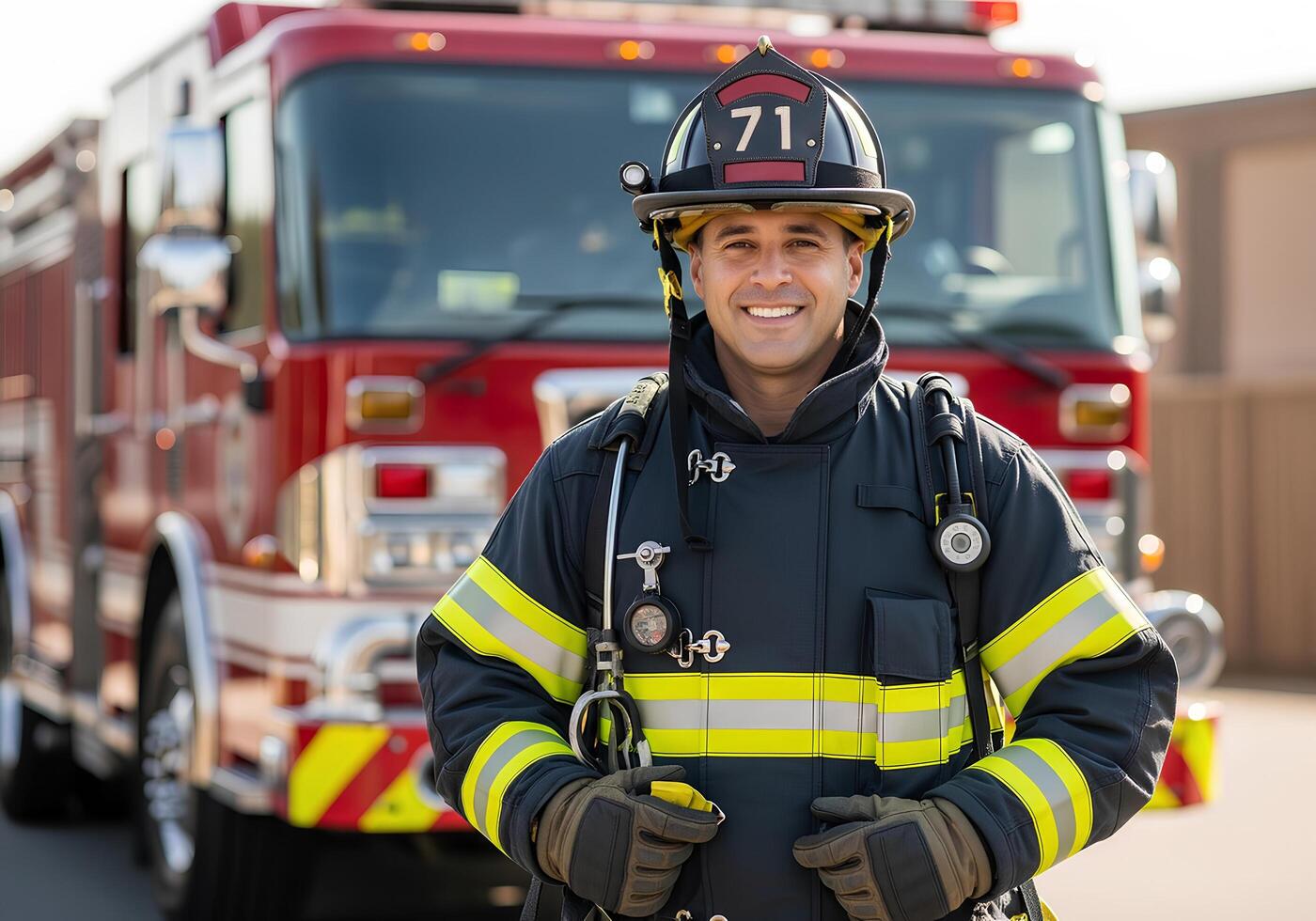 Male firefighter in full gear stands smiling in front of a red fire truck. photo