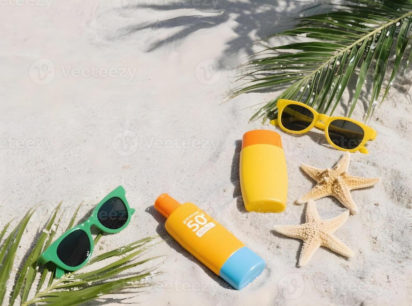 Summer Beach Flat Lay with Sunscreen, Sunglasses, Starfish, and Palm Leaves on Sand photo
