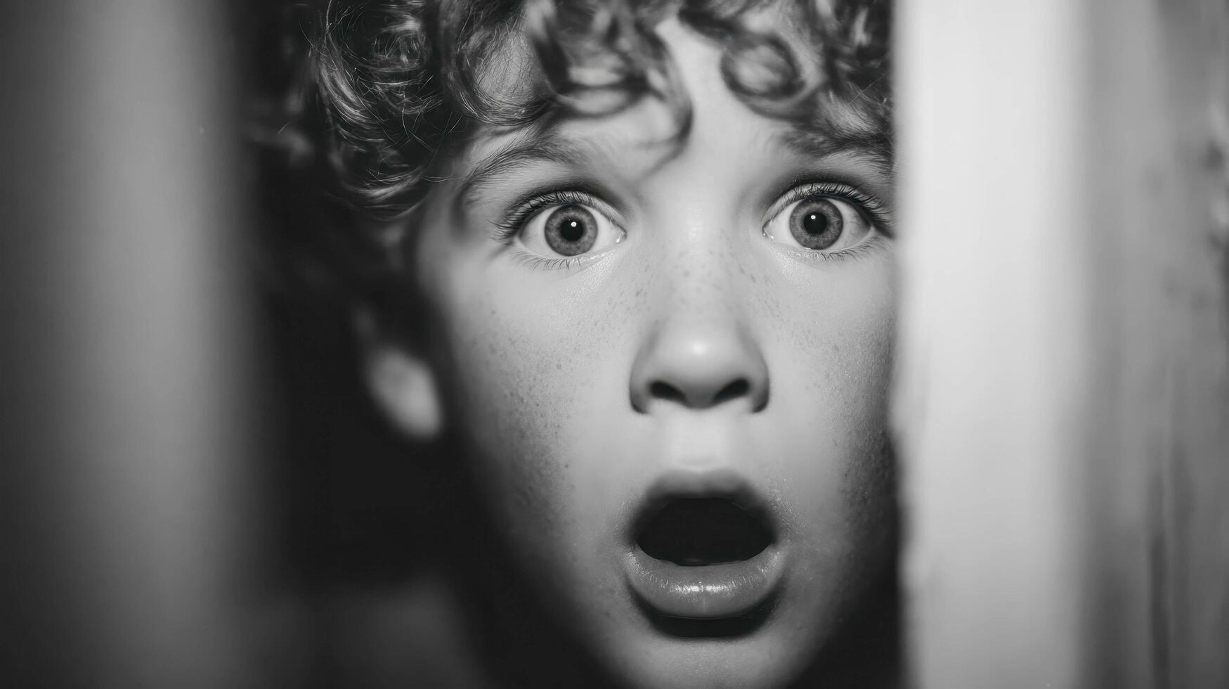 A young boy is looking out of a door photo