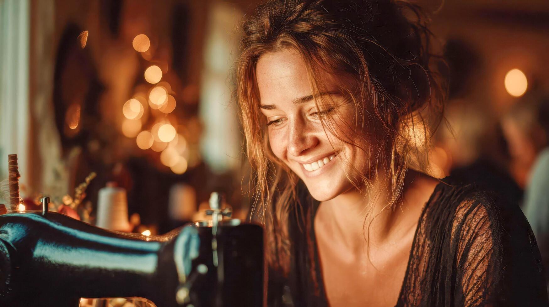 Happy young woman sewing at a machine, surrounded by warm ambient lights and thread spools in a cozy workspace photo