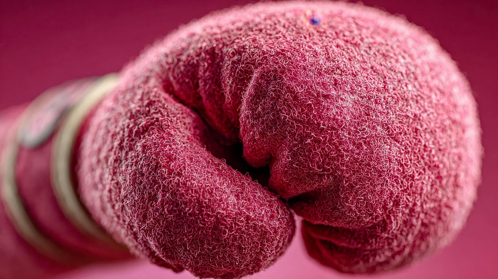 Macro view of a textured pink boxing glove, capturing soft fibers and fine surface detail, symbolizing strength with femininity photo
