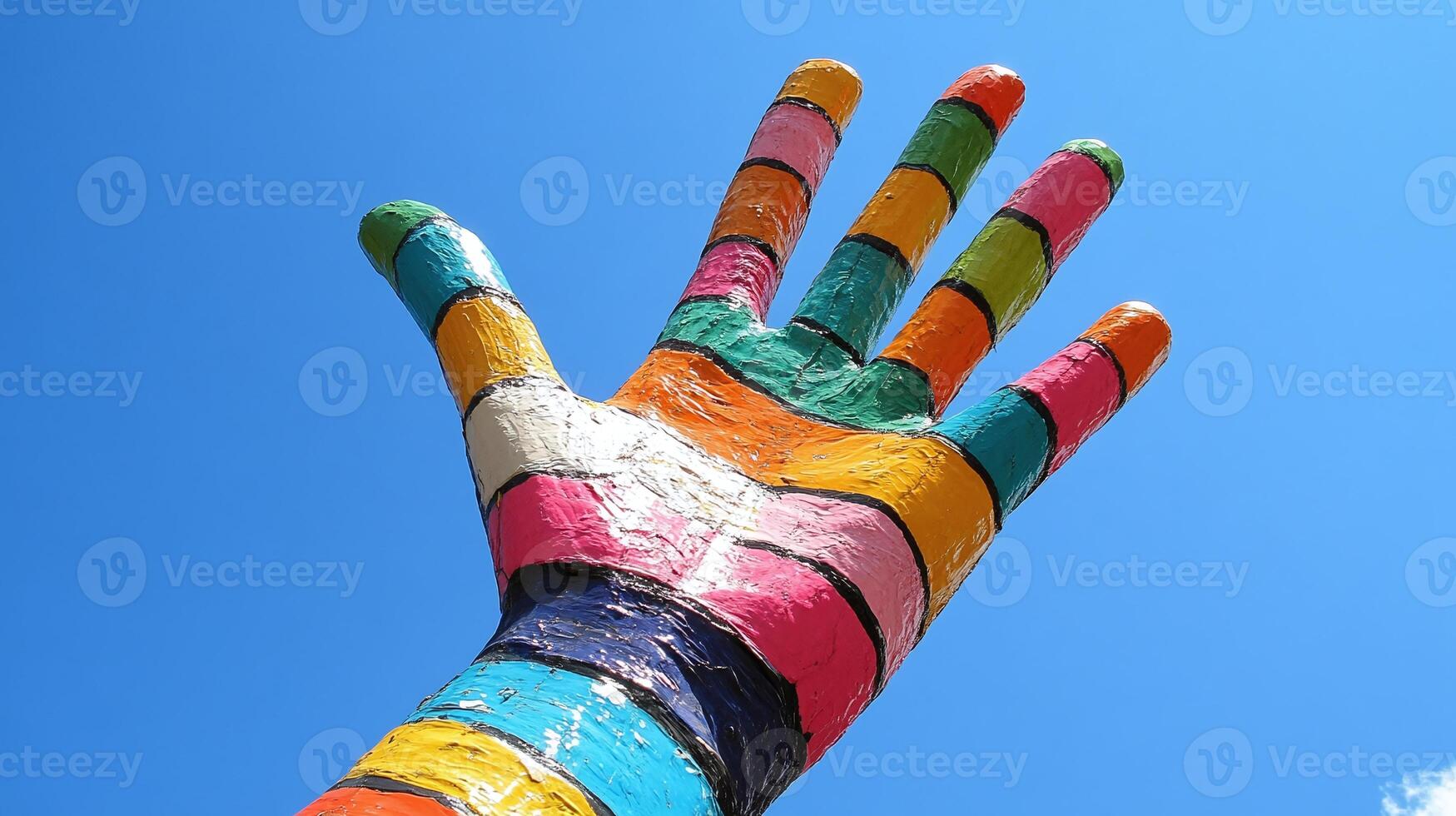 Vibrant hand sculpture reaching upwards under clear blue sky artistic display outdoor environment perspective of hope photo