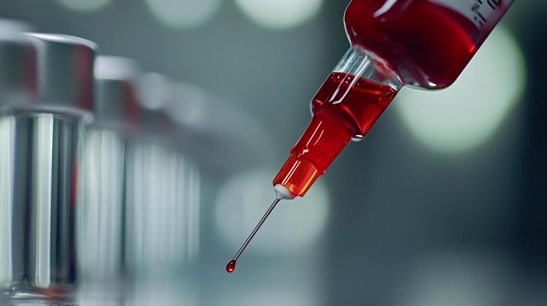 Close-Up of a Syringe with Red Liquid and Laboratory Test Tubes in Soft Focus Background photo