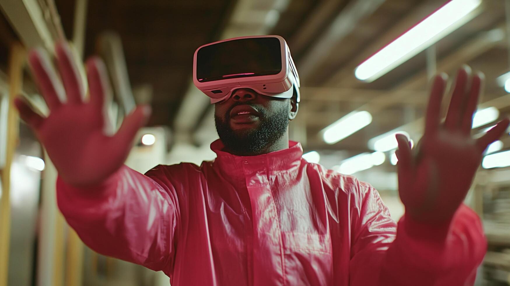 Man Engaging in Virtual Reality Experience Wearing VR Headset and Red Jacket in Futuristic Setting photo