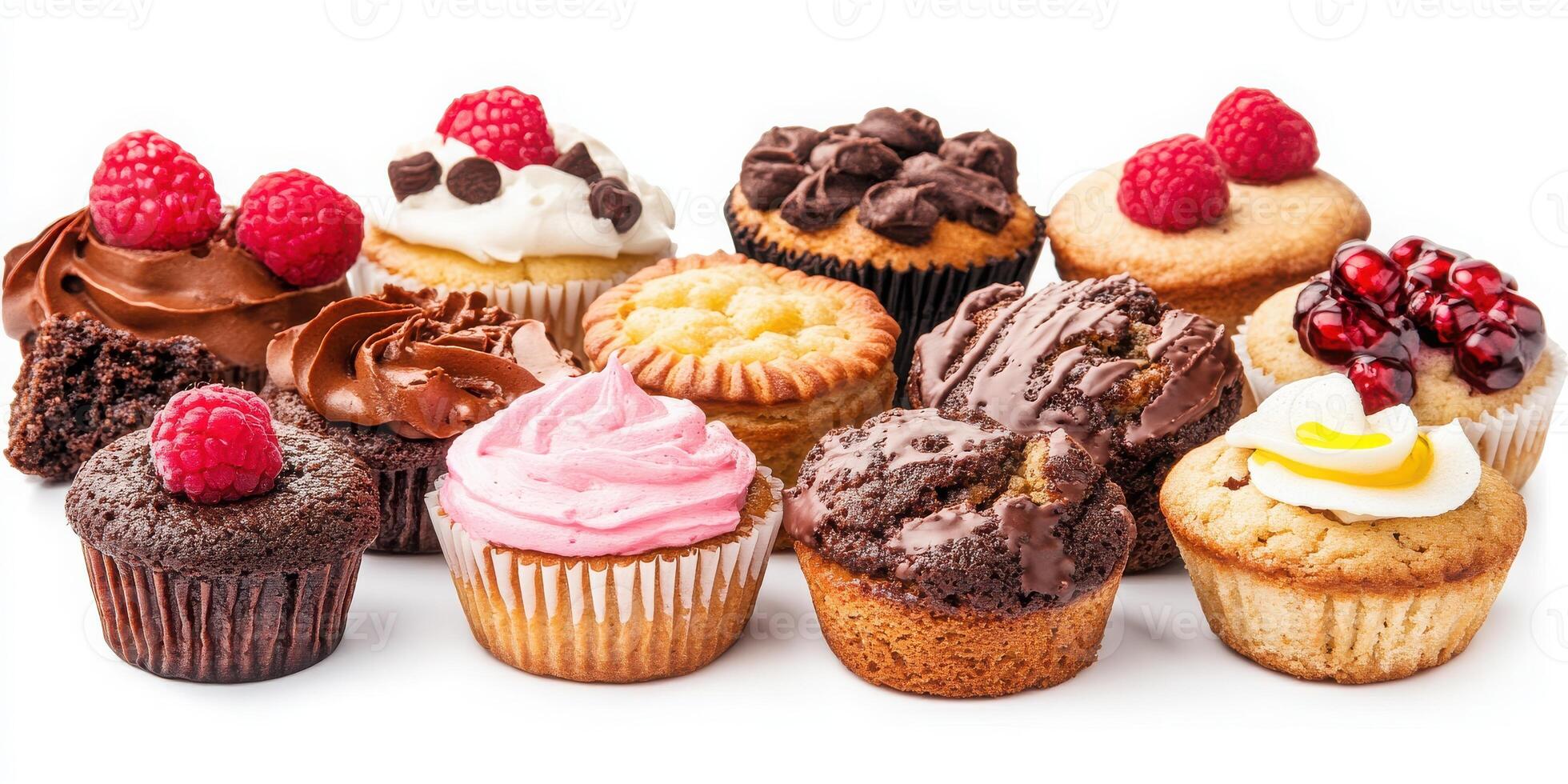 Bakery set, muffins, tarts, cookies. isolated white background photo