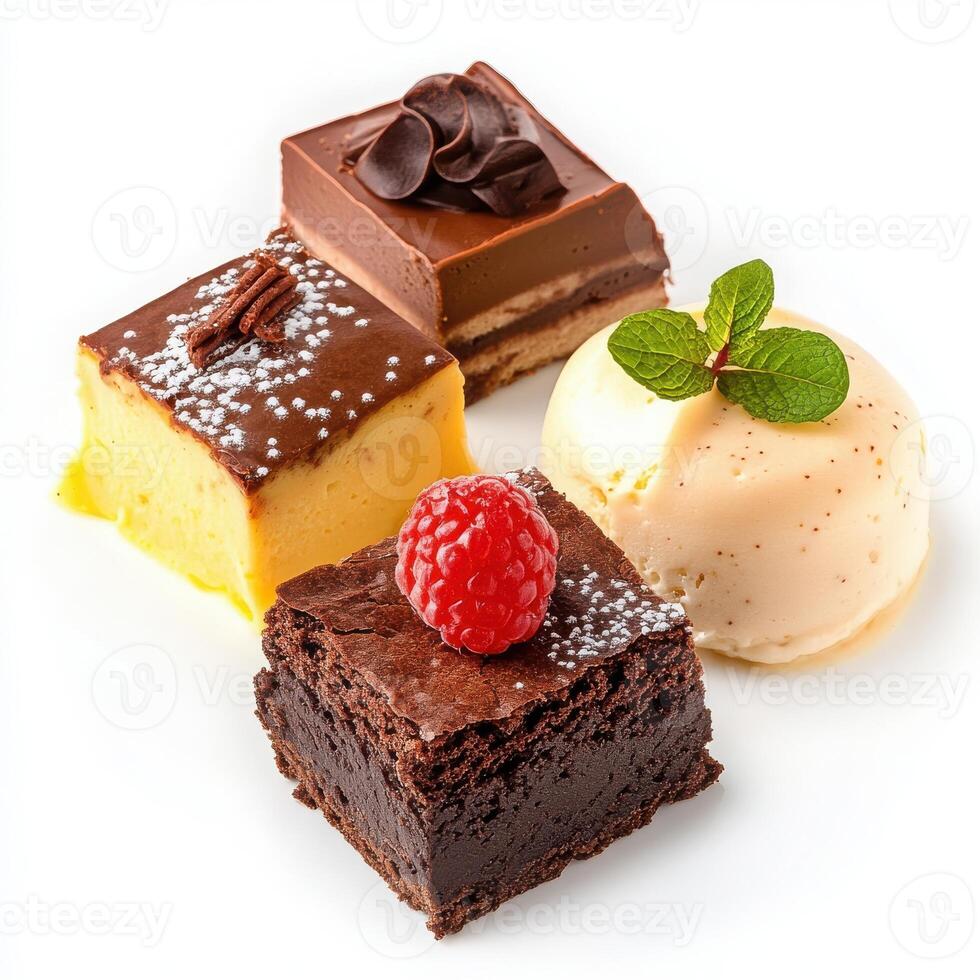 Dessert trio brownie custard, mousse, isolated white background photo