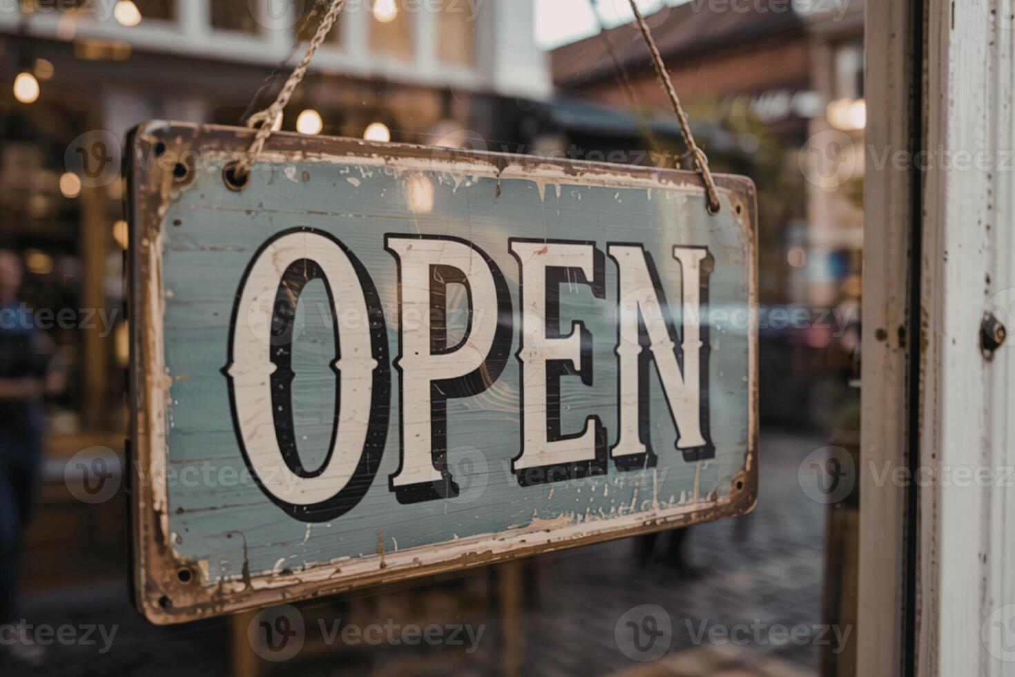 A close-up photograph of a circular sign hung on the glass door of a quaint, vintage shop photo