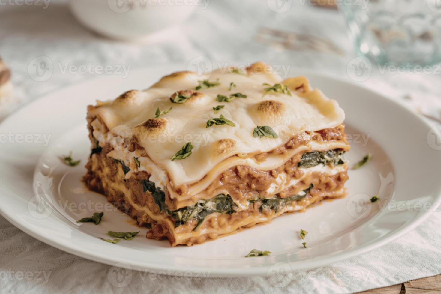 Homemade lasagna on a white plate photo