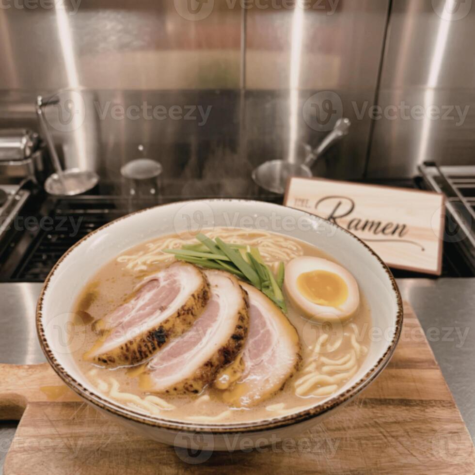 A bowl of ramen with meat and an egg photo